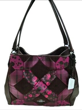 Coach Oxblood Patchwork Floral Print Edie Turn Lock Leather/Suede Shoulder Bag